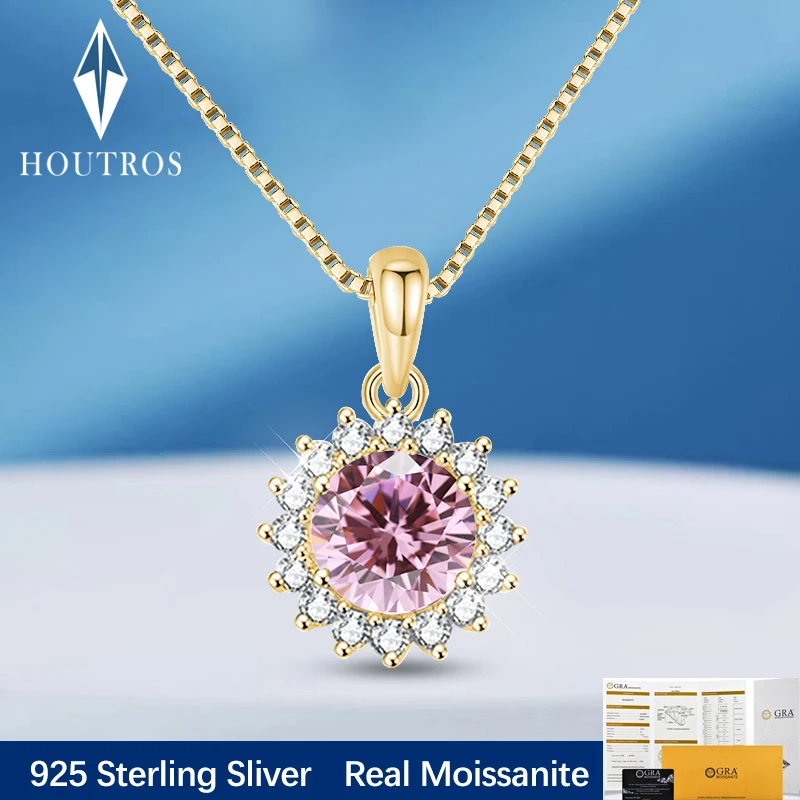 

Houtros 1CT Pink Moissanite Pendant Necklace for Lady 925 Sterling Silver Flower Wedding Diamond Neck Chain Choker Fine Jewelry