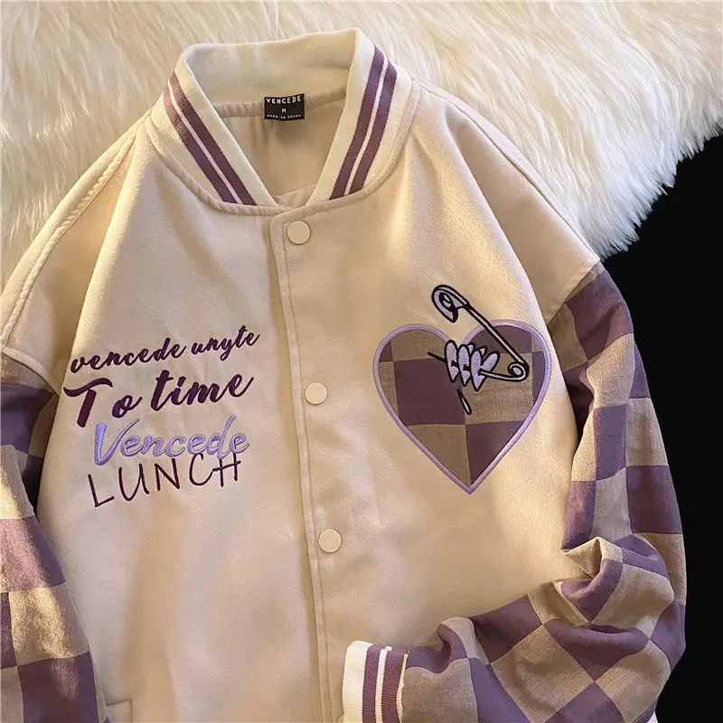 

Куртка-бомбер женская с вышивкой, бейсбольная форма в стиле Хай-стрит, шахматная простроченная куртка с длинными рукавами, на осень и зиму