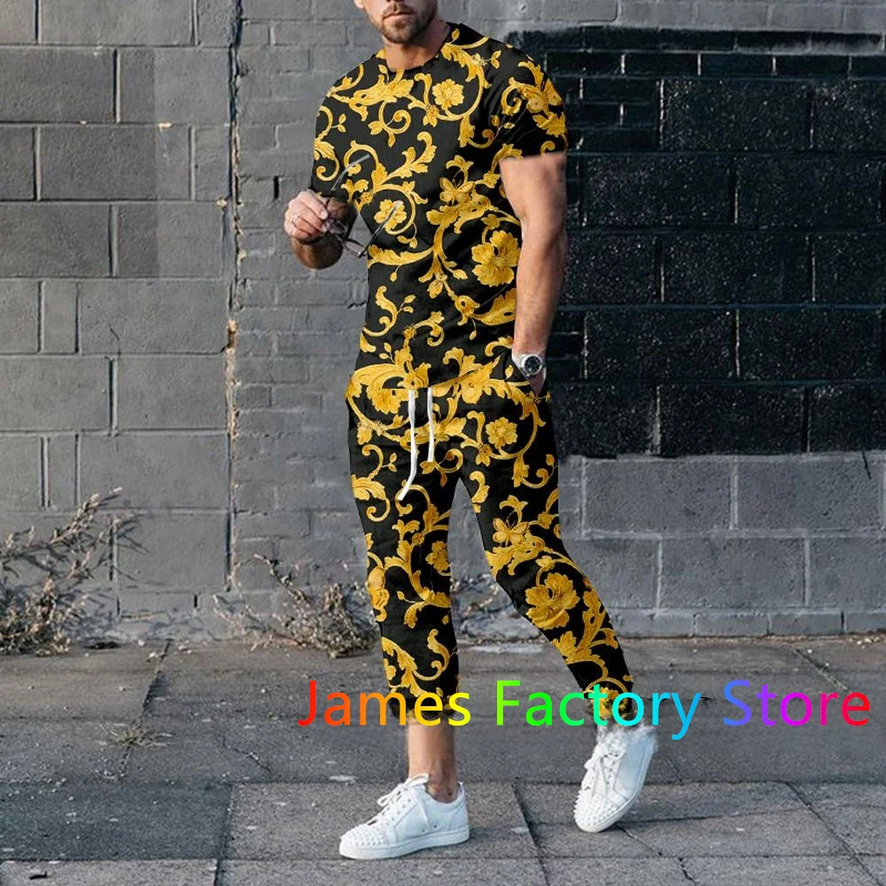 Men's Trousers Set Luxury Gold Print TShirt Outfit Set Fashion Tracksuit 2 Piece Set Casual Jogging Suit Male Oversized Clothing