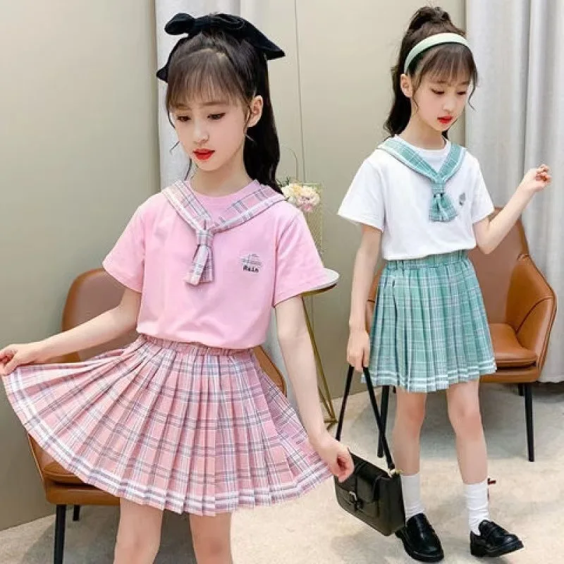 Fashion Dress For Girls Summer Baby Kids College Style Dresses Clothes T-shirt + Dress 2PCS School Teen Child Costume 6 8 9 Year