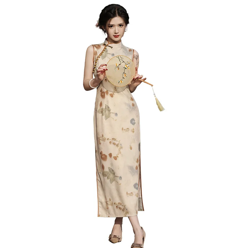 Женское Двуслойное платье-Ципао без рукавов Элегантное Длинное Платье в стиле