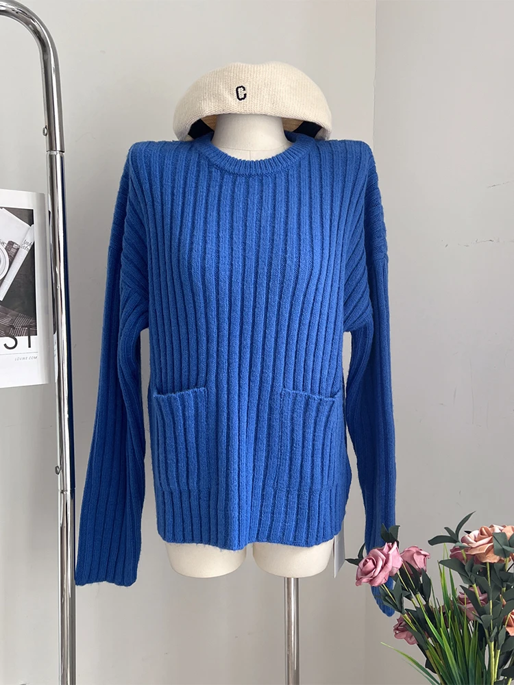 

Женский вязаный пуловер, повседневный Однотонный свитер с круглым вырезом и длинным рукавом, свободный винтажный свитер, Осень-зима 2022