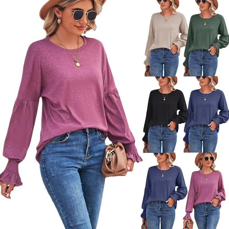 Pullover Shirt with Lantern Sleeves  Autumn Winter T-shirt Round Neck Lantern Sleeve T-shirt Long Sleeve Top Loose Casual Top