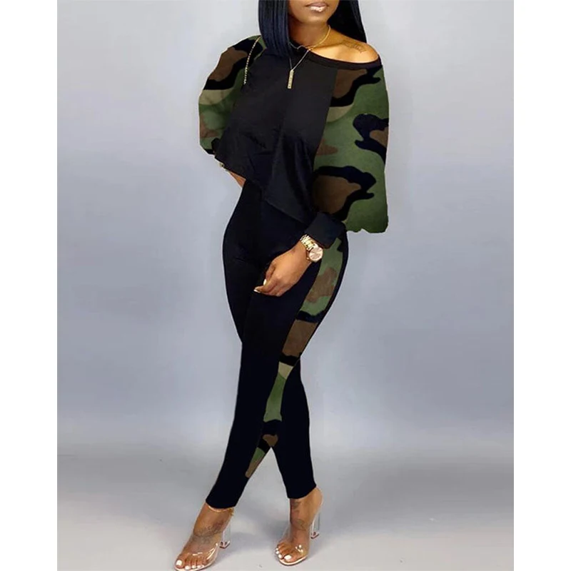 

2022 Women Camouflage Print Long Sleeve Top & Pants Set Autumn Casual Two Pieces Outfits