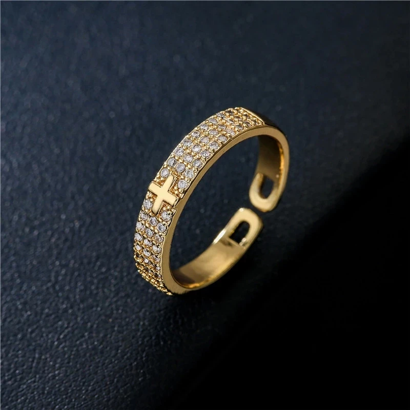 

Classic Design Bling Bling Cross Ring 2021 Fashion Gold Color CZ Open Ring Adjustable Wholesale Christian Jewelry Gift
