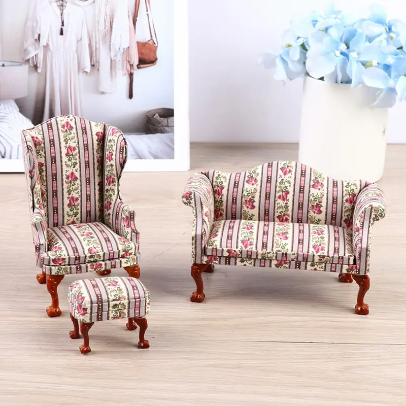 

1:12 Dollhouse Sofa Miniature Furniture Armchair Sofa W/Footstool Doll Decor Toy miniature items dollhouse doll accessories