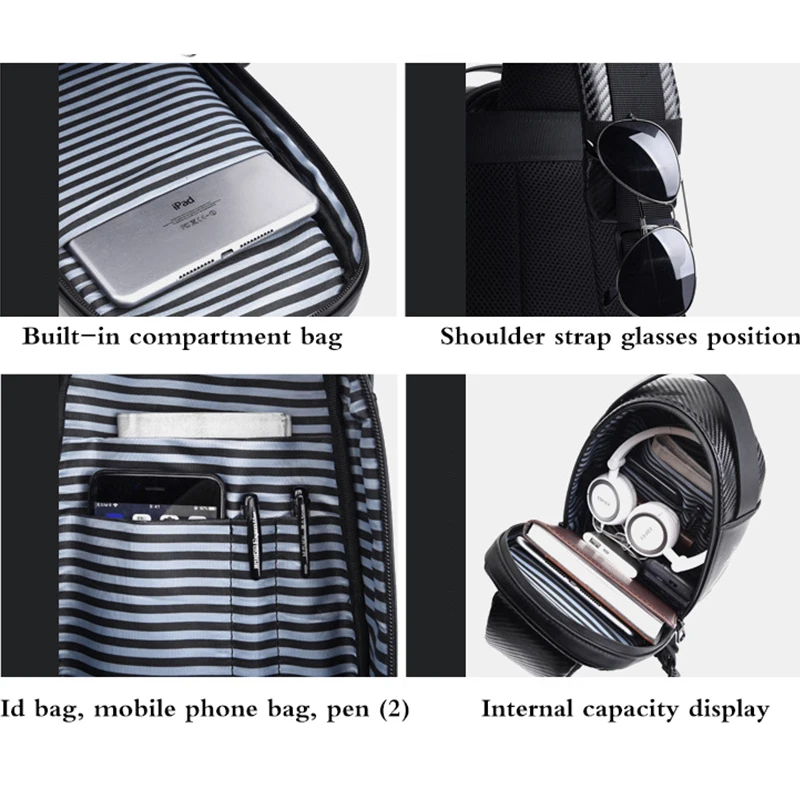 EVA carbon fiber fashion multifunctional usb messenger shoulder bag men waterproof travel sling messenger bag chest bag men