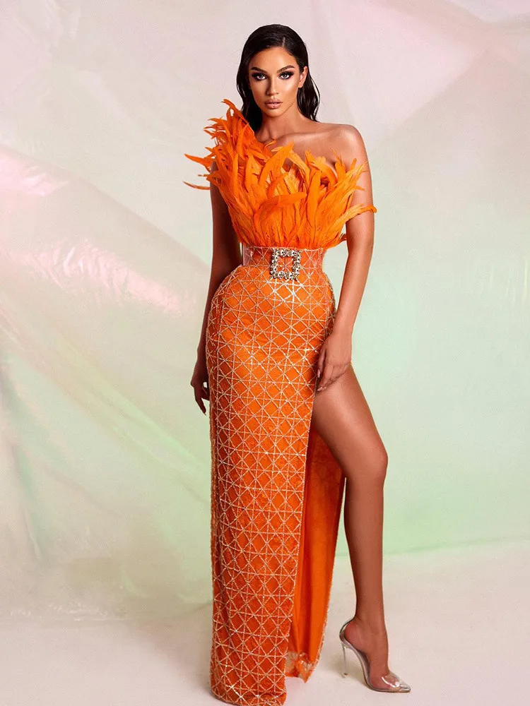 Women Summer Sexy Strapless Feather Orange Mesh Sequins Maxi Long Dress 2023 Elegant Party Stage Performance Dress Vestido