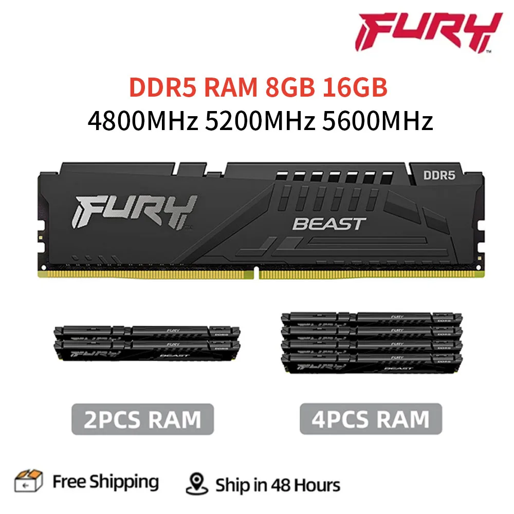 Fury Beast DDR5 8GB 16GB 4800 5200 5600MHz Desktop Memory 288Pin 1.1V DIMM PC5-34800 41600 44800 DDR5 RAM