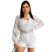 sexy lace two piece set summer solid long sleeve lace shirt hook flower hollow jacket womens matching short pant sets 2022 new
