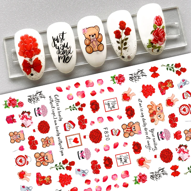 

10 Pack Personalized DIY Romantic Heart Bear Nail Art Stickers Sexy Red Lips Nail Art Slider Rose Flower Nail Decoration Decal