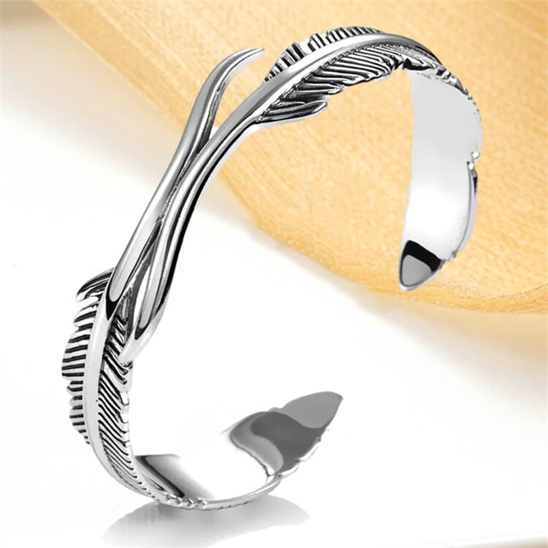 

Simple and creative Mori leaves 925 Silver Open Bracelet couple personality Retro Old double feather Bracelet