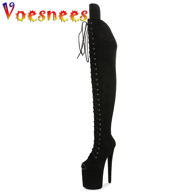 Женские сапоги выше колена на платформе 20 см фетиш черные замшевые с открытым