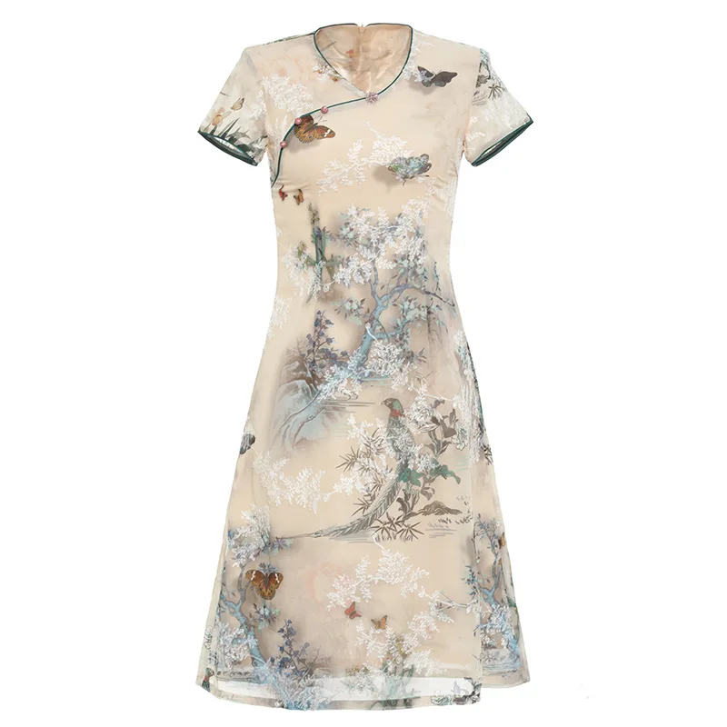 Женское платье-Ципао с воротником-стойкой винтажное шифоновое платье в