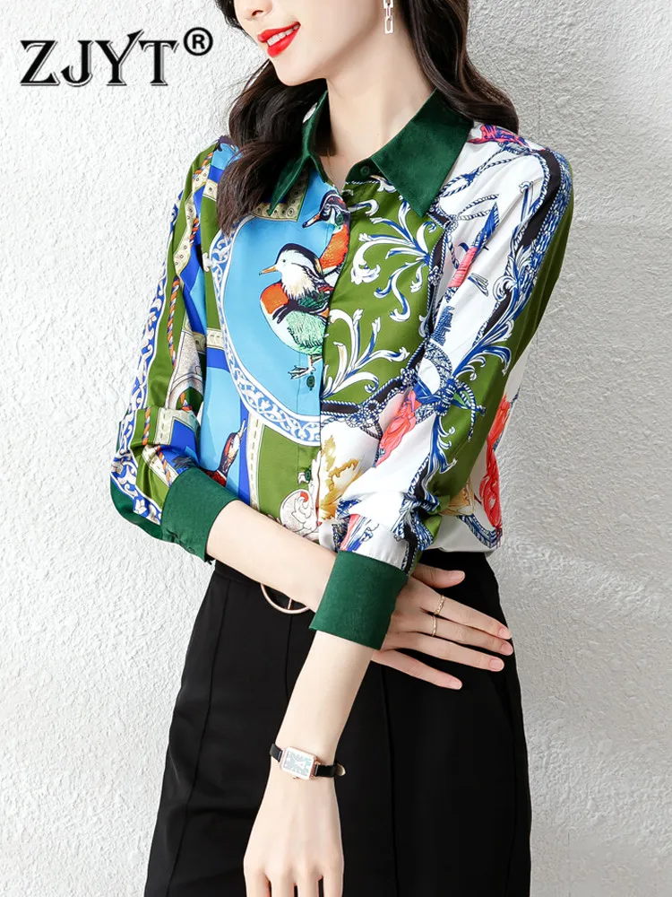 

Женская блузка с длинным рукавом, отложным воротником и принтом