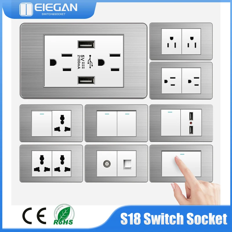 

PSSRISE US Standard Outlet Wall Switch Socket Stainless Steel Panel White Multifunctional Power USB Combination 118mm*72mm