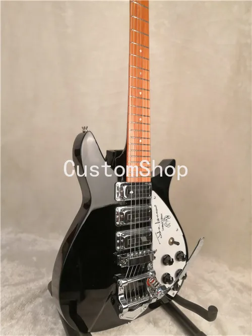 

JohnLennon RIC 325 короткие весы длина 34 дюйма 6 струн черная электрическая гитара Bigs Tremolo, глянцевая краска фингерборд белый жемчуг