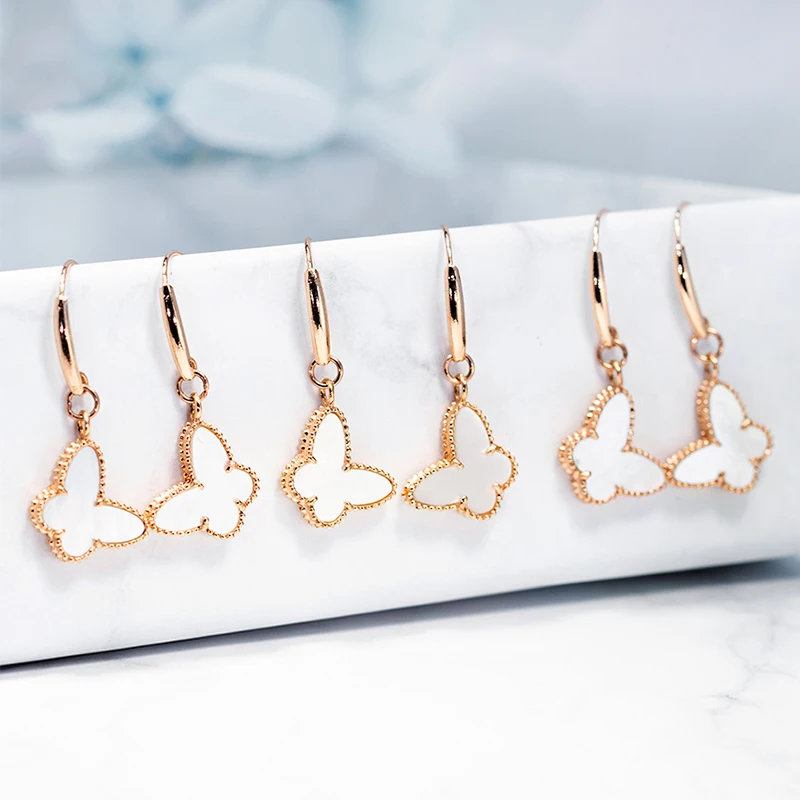 

JICAI Real 18K Gold Drop Earrings White Shell Butterfly Design Pure AU750 Earring Hook Fine Jewelry Gifts for Women