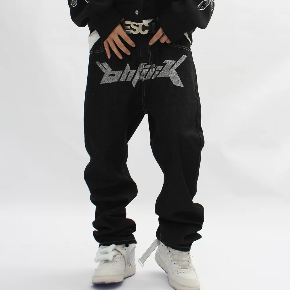 Letter Print Jeans Men High Street Loose Straight Trousers for Men Dark Casual Daddy Pants