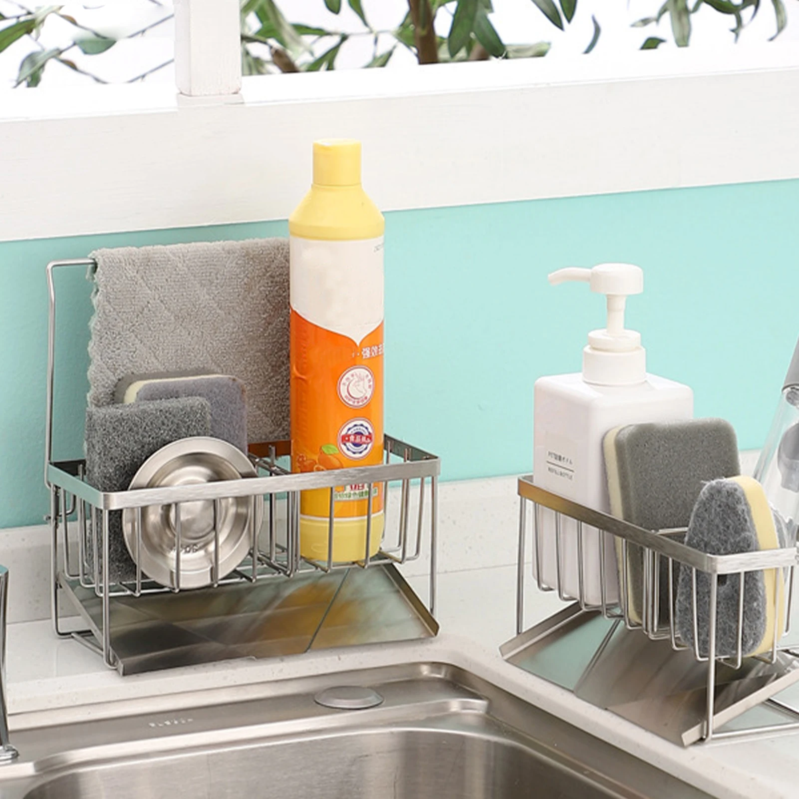 

Kitchen Sink Sponge Holder Stainless Steel Sink Rack Adjustable Scrub Brush Basket For Soap Brush Dishcloth Liquid Detergent