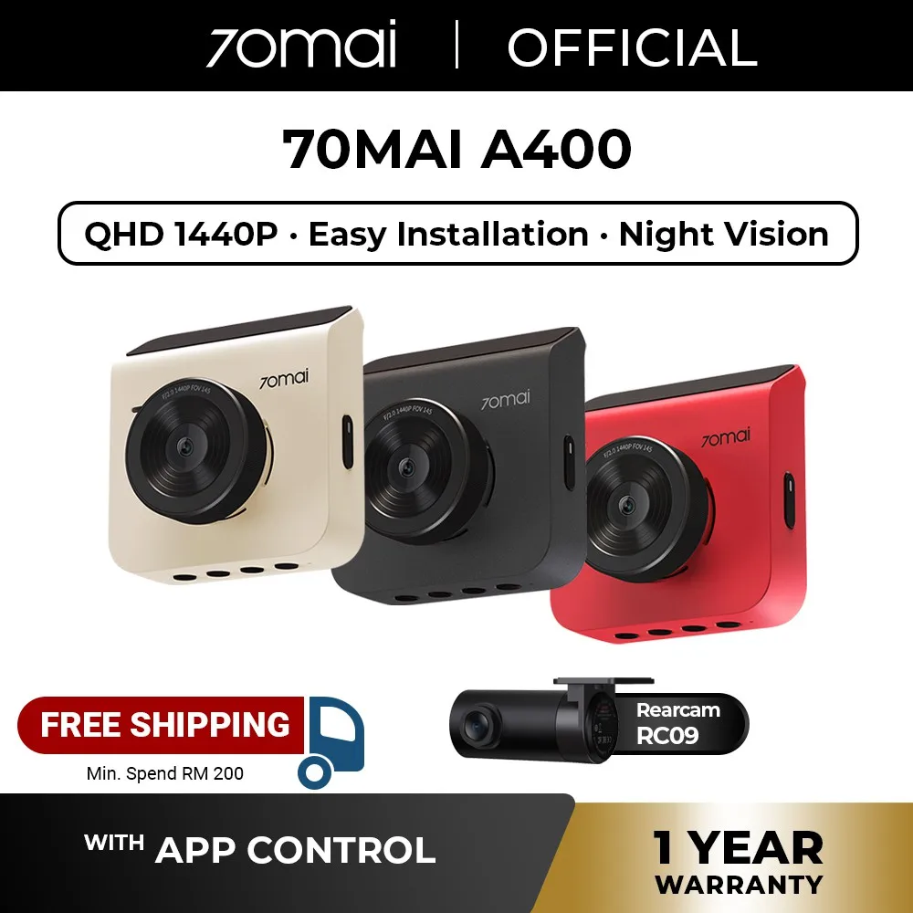 

70mai A400 Car Recorder Dash Cam QHD 1440P Rear Cam Night Vision 145 FOV WDR App Control Smart