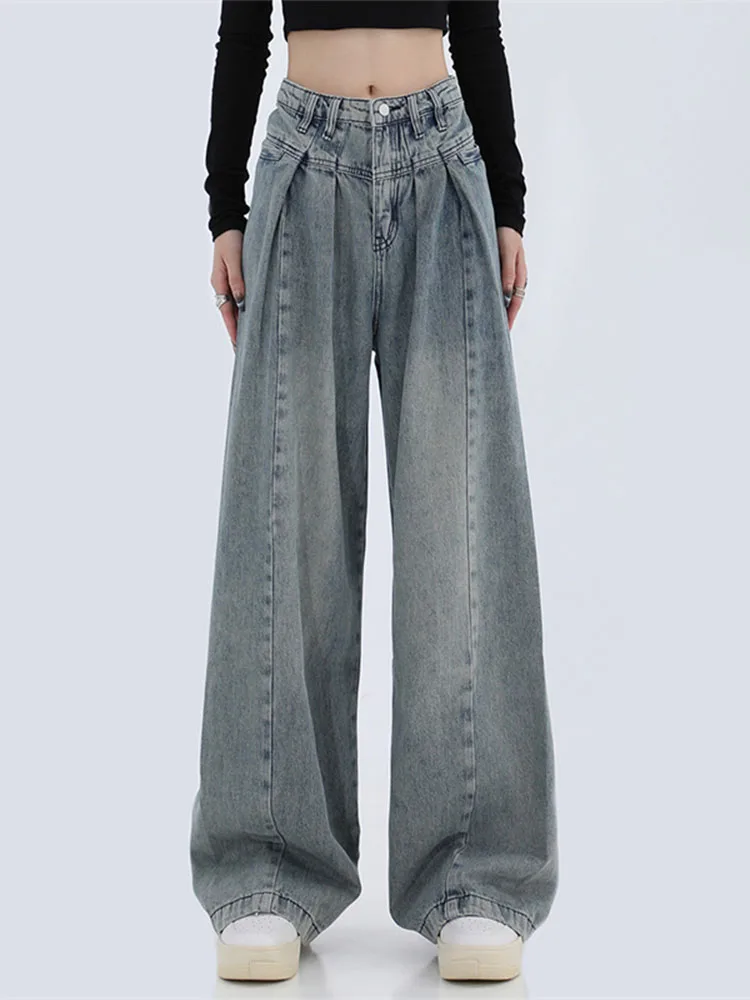 

Винтажные синие джинсы с высокой талией для женщин, широкие джинсы, женские джинсовые брюки, прямые мешковатые брюки для мам, корейская модная уличная одежда