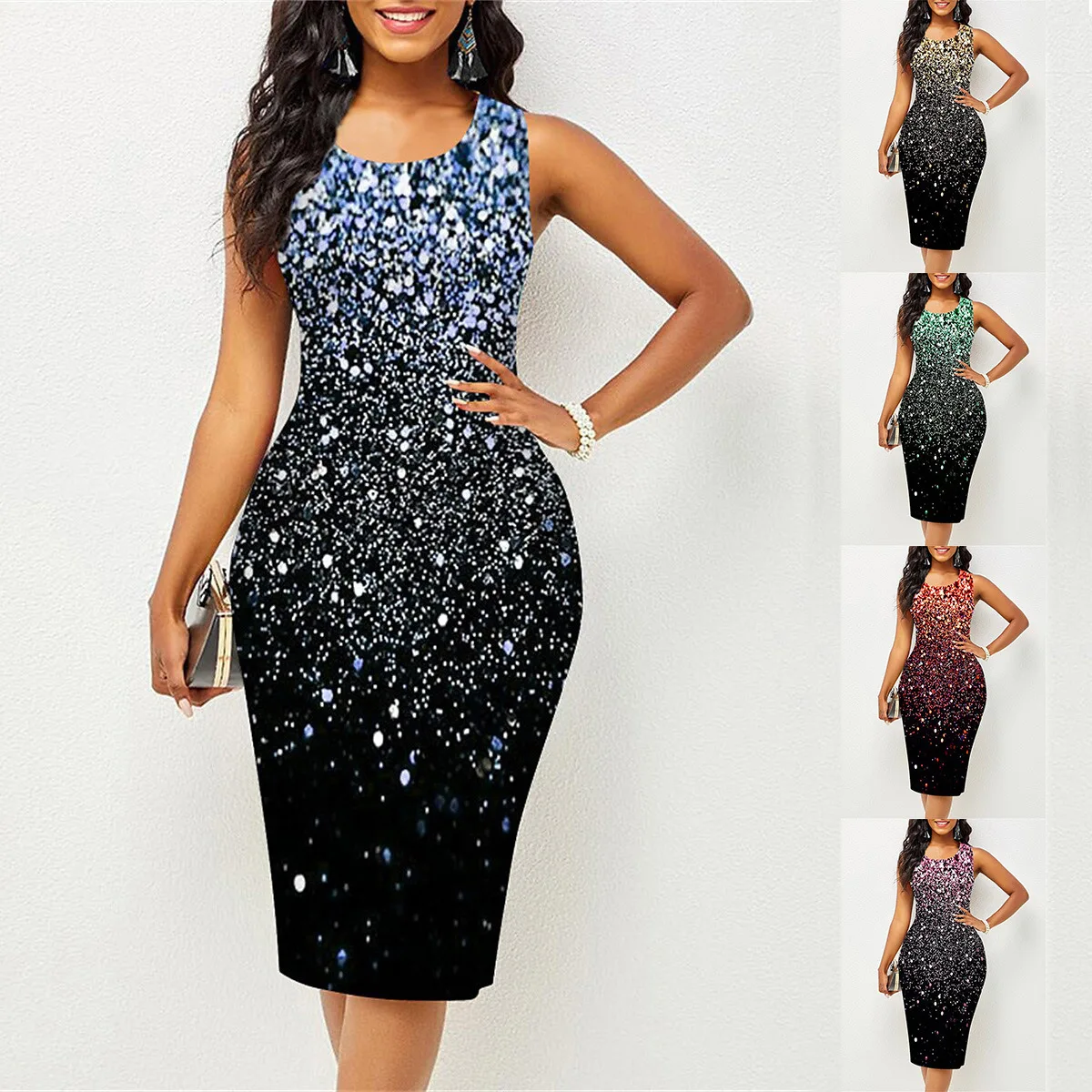 

2023 Women's Starry Sky Fashion Printing Round Neck Sleeveless Tank Top Evening Dress Women Elegant and Pretty Women's Dresses