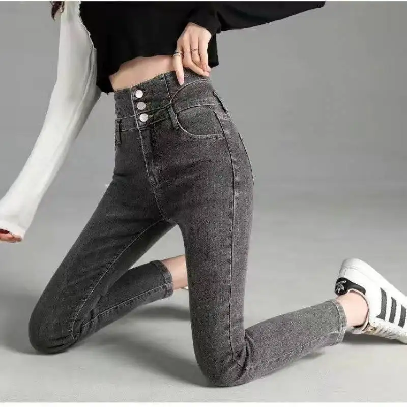 High Waist Jeans Women Pencil Pants Slim Tight-fitting Velvet Thickened Wearing Ankle-Length Pants Oversize Slouchy High Street