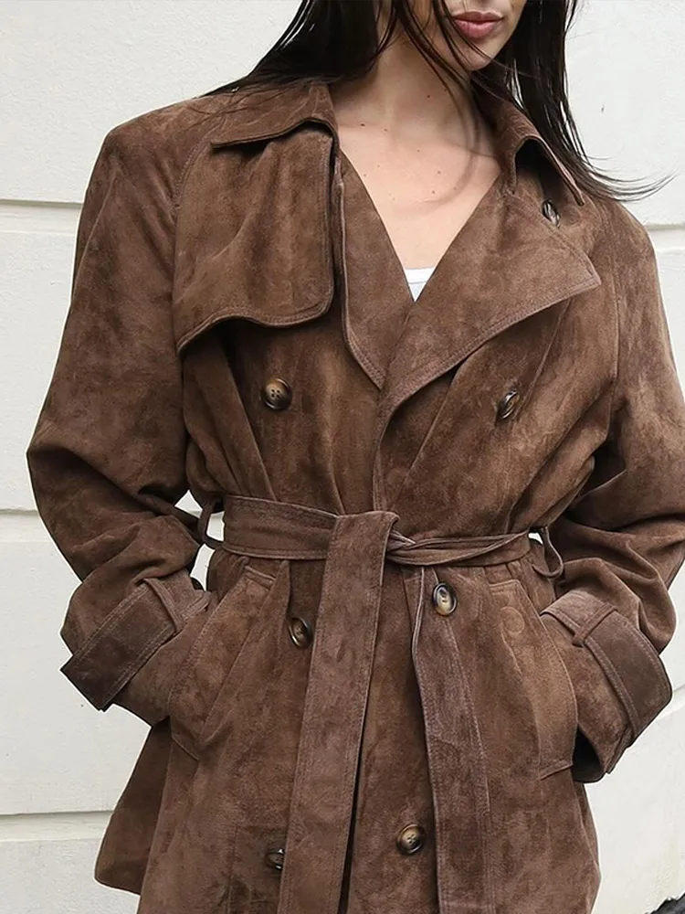 Новинка 2024 шикарная двубортная замшевая куртка с поясом для женщин классические
