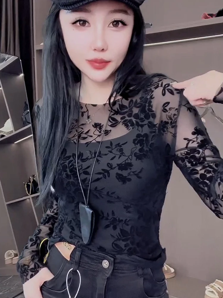 Осень 2024 новая тонкая сексуальная кружевная рубашка с длинными рукавами женская