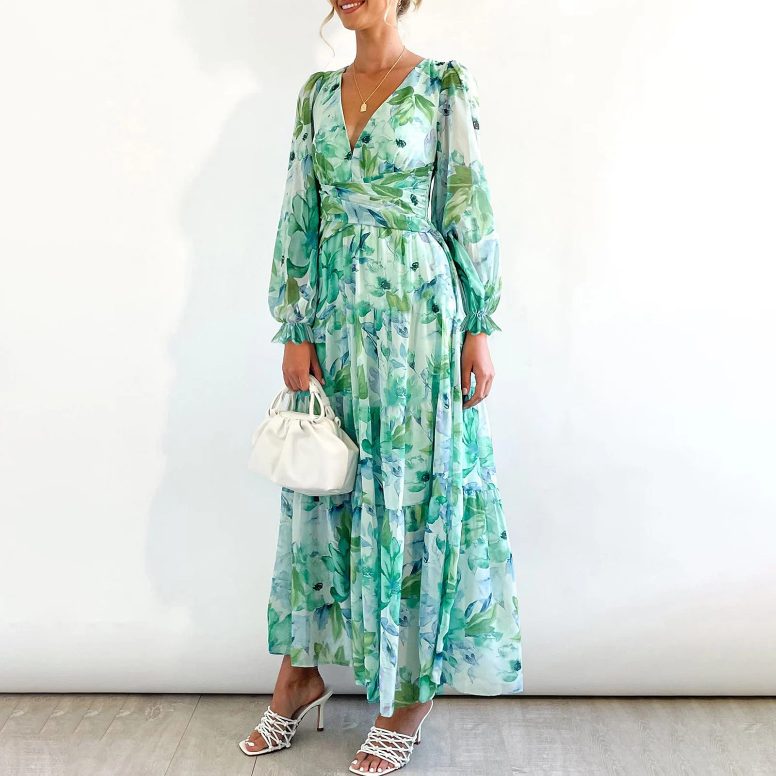 

Женское длинное платье с цветочным принтом, V-образным вырезом и длинным рукавом