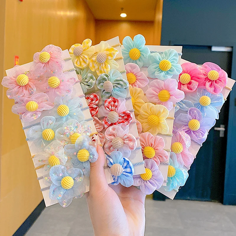

10PCS/Set Cloth Chiffon Small Flower Bow Elastic Hair Band For Girl Children Cute Kawaii Rubber Ponytail Tie Fashion Accessories