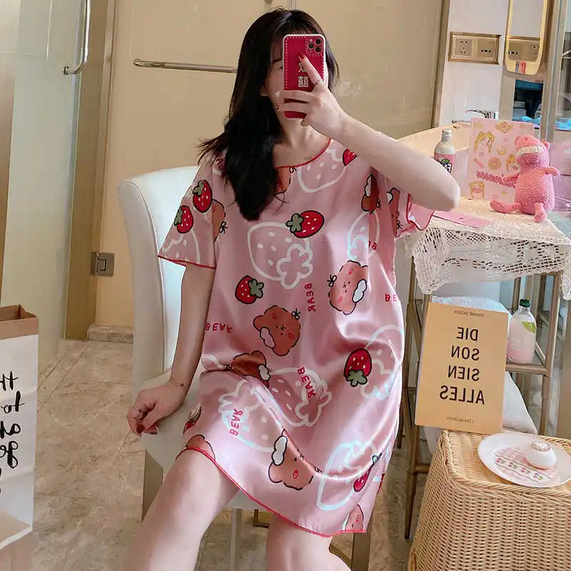 

Summer Casual Nights Women's Silk Short Sleeve Nightgown Oversize Sleep Shirt Cute Print Sleepwear for Women Pj Nightdress