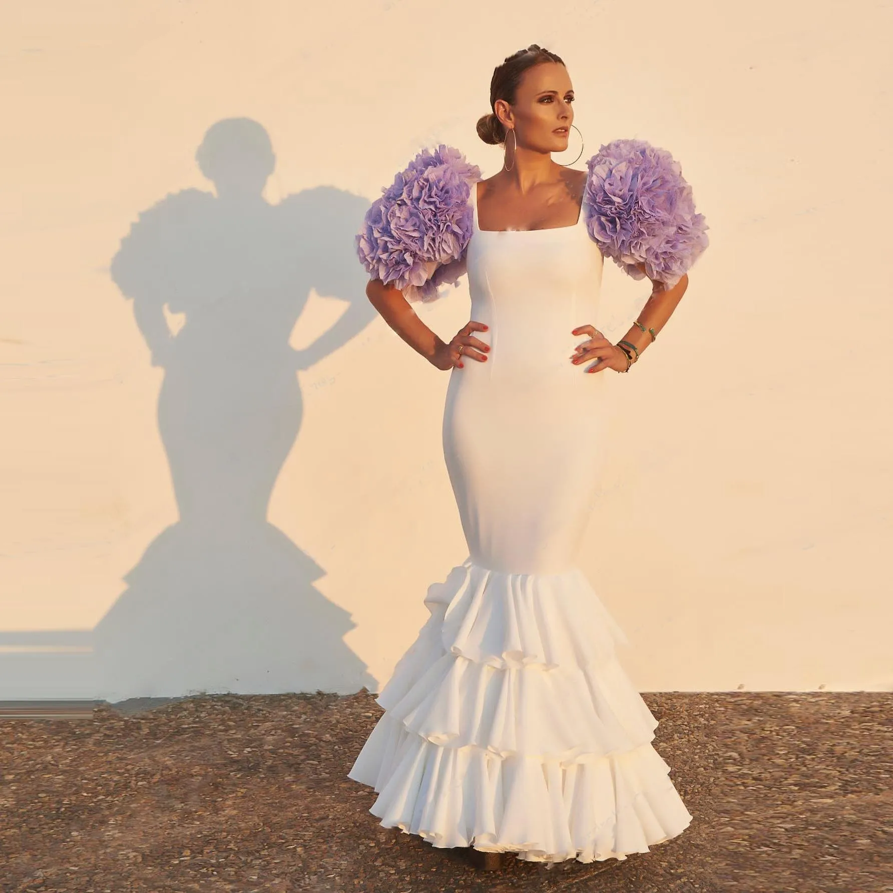 

White Elegant Formal Evening Dress Women Short Puff Sleeve Floor Length Floor Length Tiered Square Collar Custom Vestido Gown