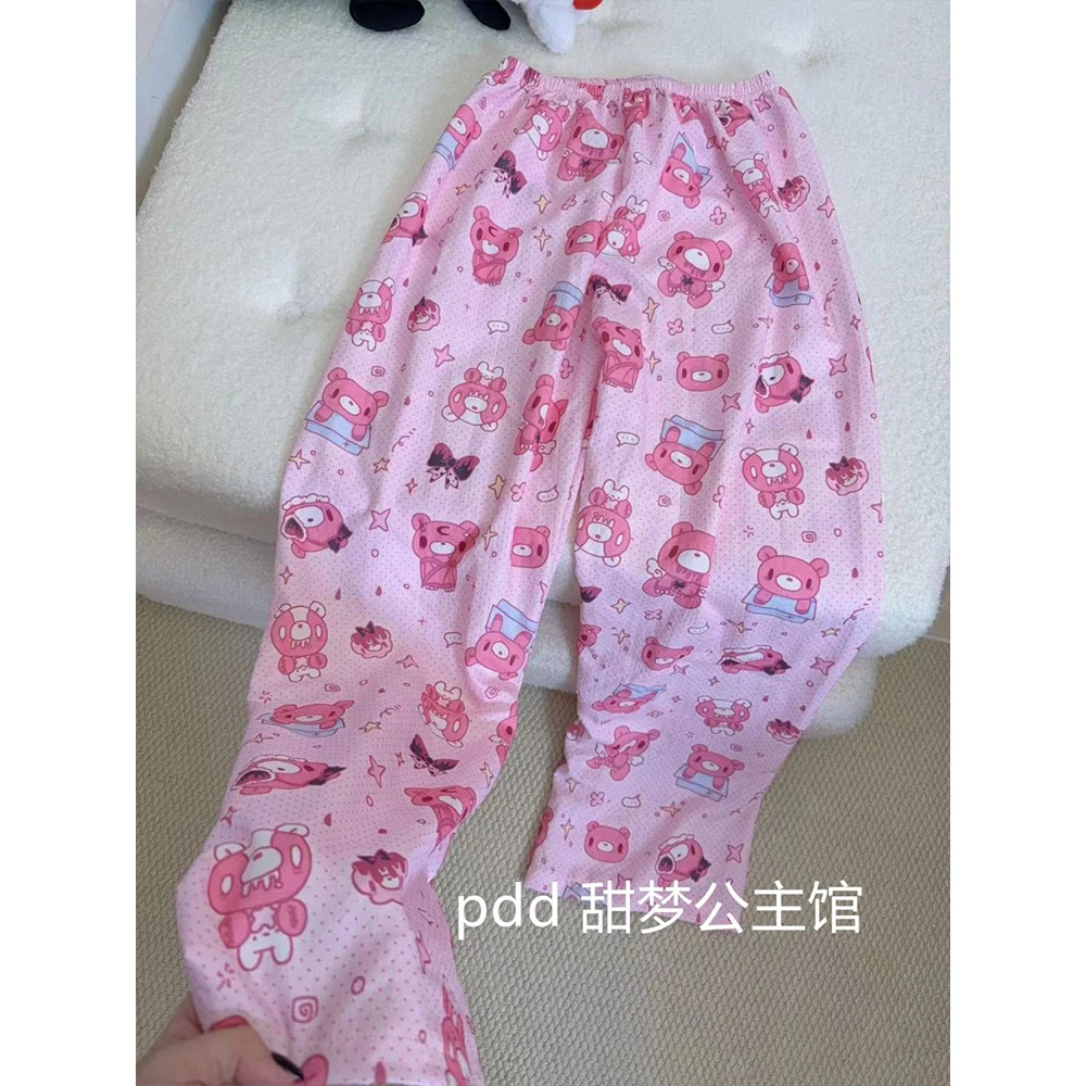 Фото Комплект из 3 предметов: женская пижама с принтом Gloomy Bear, с отложным воротником, длинными рукавами и брюками, милая мультяшная домашняя одежда для сна №4
