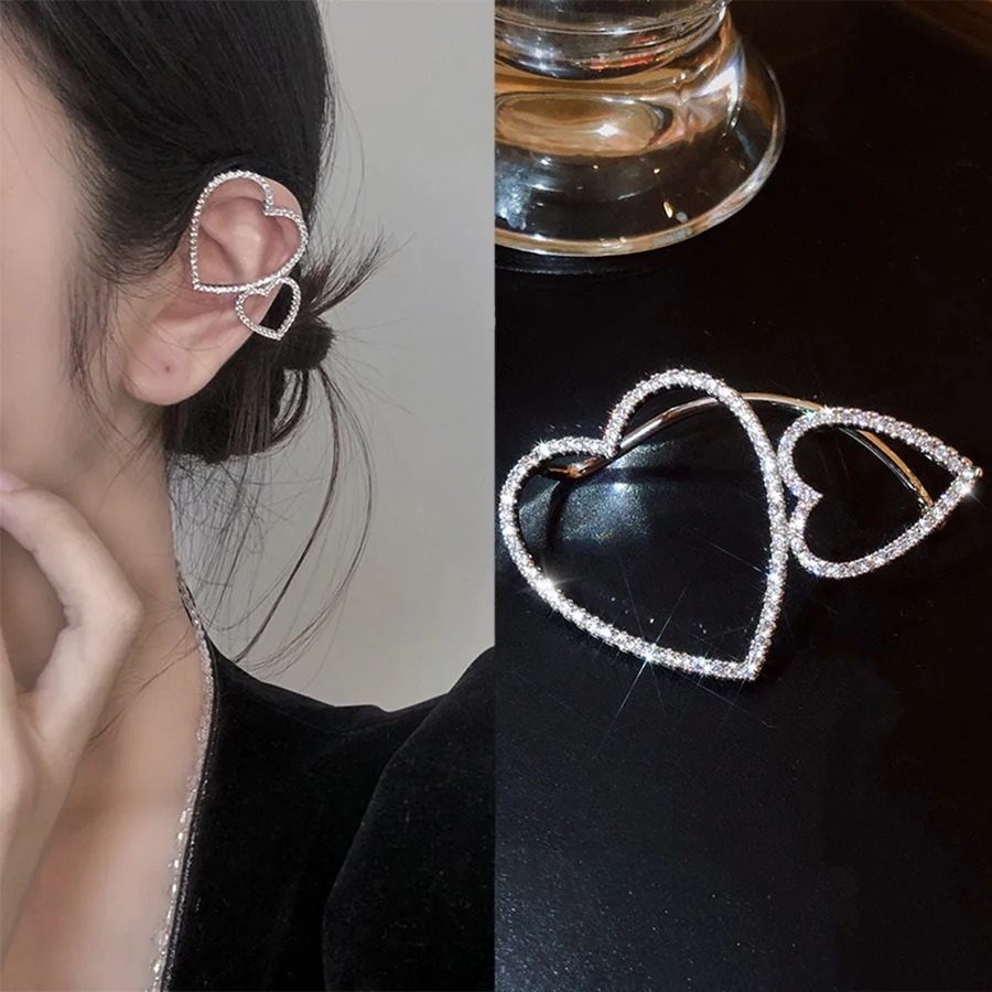 

1PC Korea Silver Color Full Rhinestone Love Heart Ear Cuff For Women Simple C-shape Geometric Leaf Ear Clip Cartilage Earrings