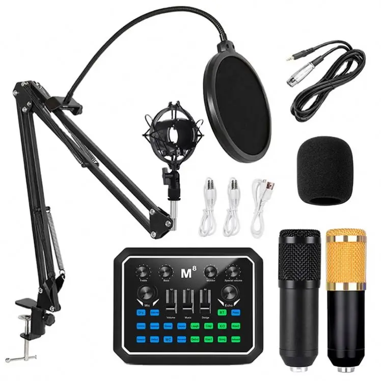 

Wholesale BM800 Condenser Microphone M8 Sound Card Set Microphone With Arm Stand Shock Mount Pop Filter For Youtube Live Podcast