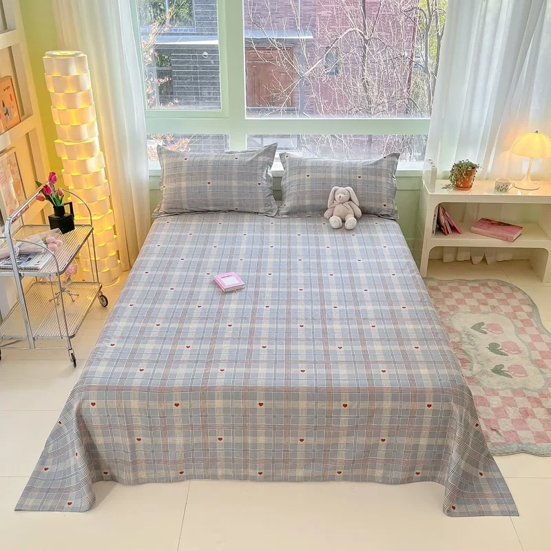 Gray Plaid Bed Sheet Set Heart Pattern Skin-friendly Pure Cotton Bedding Geometric Stripes Queen Bedroom Decoration Cover