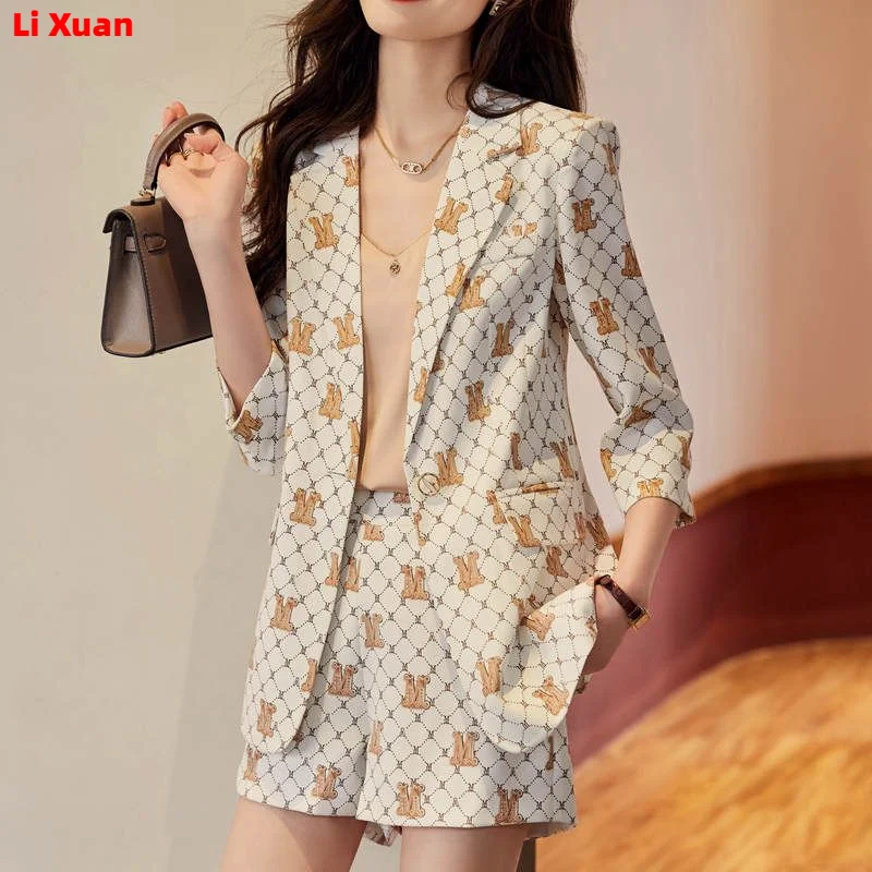 High Quality Korean Spring Suit Single Breasted Slim Print Casual Women Office Blazer Jackets Wide Leg  shorts Set Femme 2 Piece