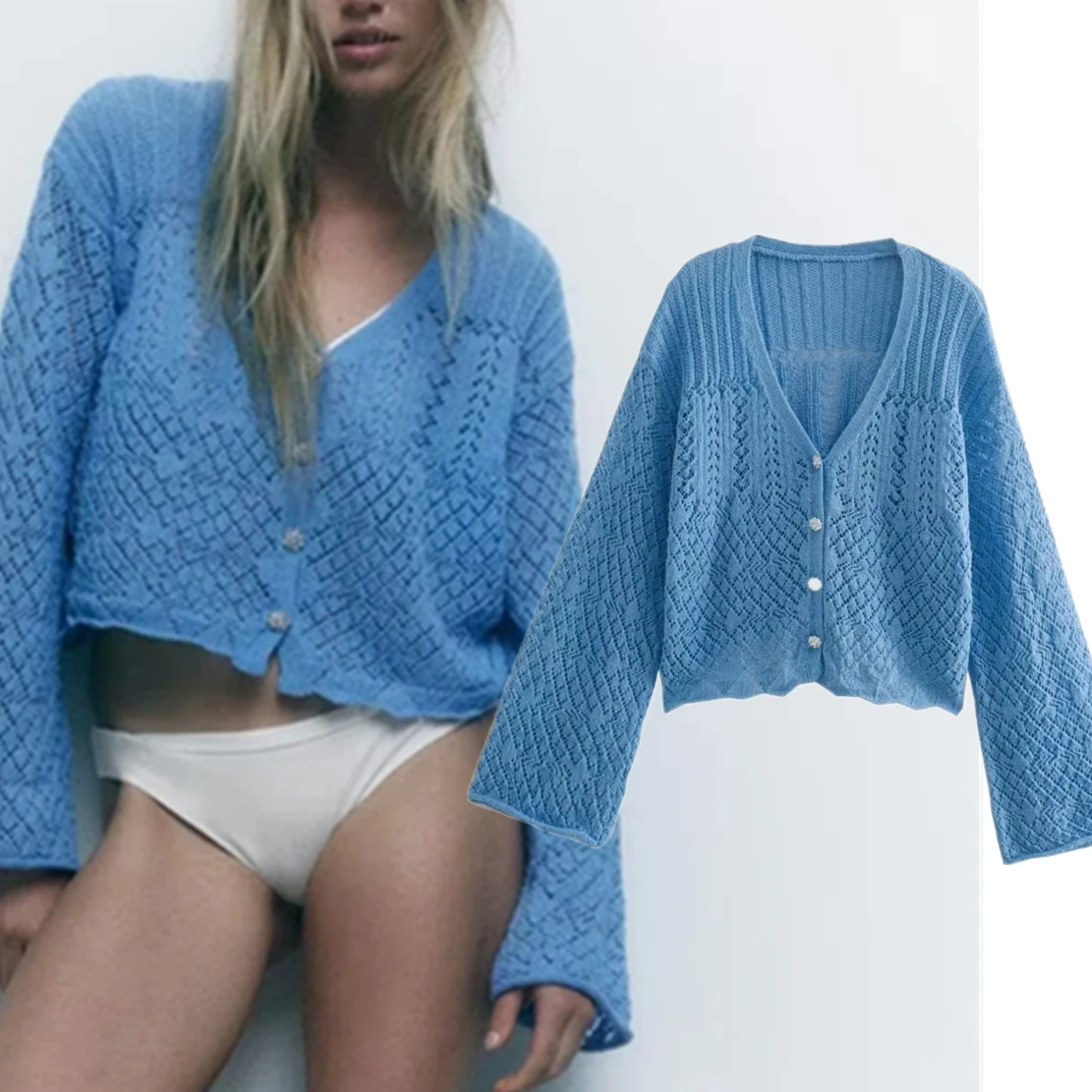 

Jenny&Dave 2022 Ins Fashion Blogger Knitwear Blue Color Jewelry Button V-neck Cardigans Women Tops