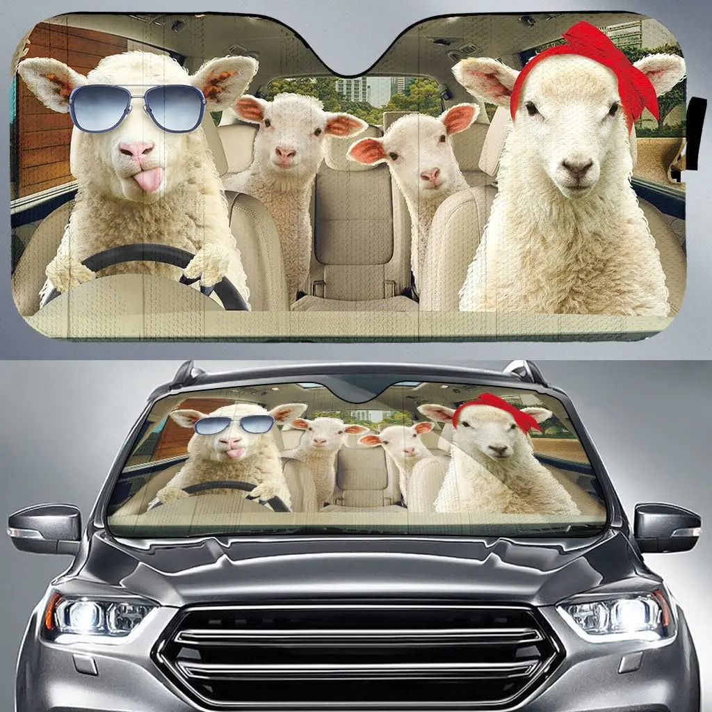 

Funny Sheep Family Driving On Summer Car Sunshade, Sheep Driving Auto Sunshade for Farmer Gift, Sheep Car Sun Cover, Car Windshi