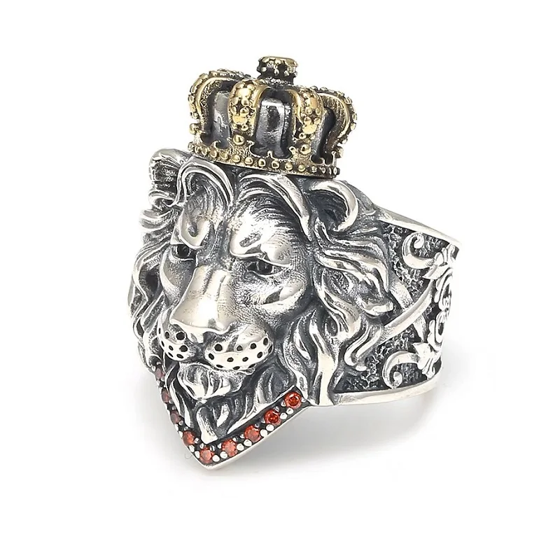 

Real S925 Sterling Silver 925 Classical Retro Handmade Large Domineering Crown King Lion Head Ring Man Woman Fine Jewelry Gift