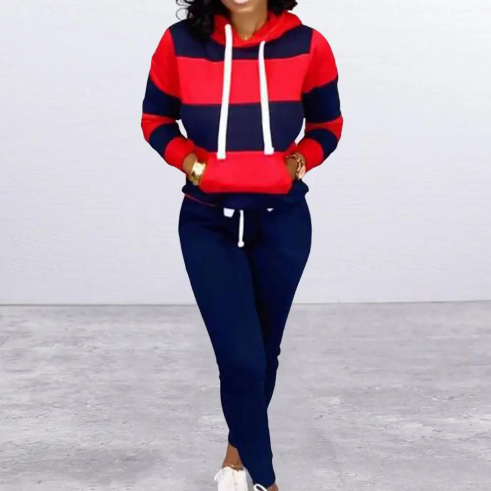 

2 Pcs/Set Chic Drawstring Autumn Hoodie Pants Set Elastic Waist Contrast Colors Women Hoodie Pants Set Thermal