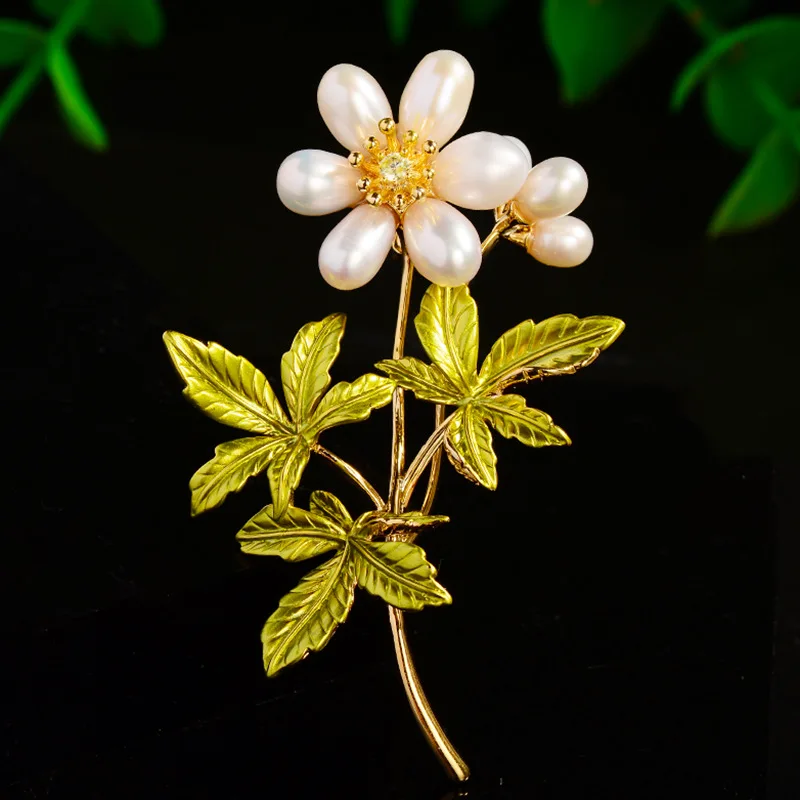 

Elegant Fresh Water Natural Pearl Flower Brooch Enamel Inlaid with Zirconium Broochpins Female Corsage Suit Accessories Jewelry