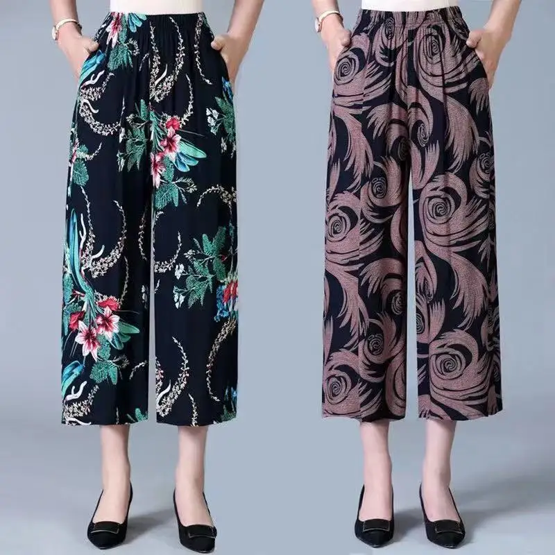 

Middle Aged Women's Summer Loose High Waist Wide Leg Pants 2022 Square Dance Casual Trousers Elastic Calf-length Pants Z55
