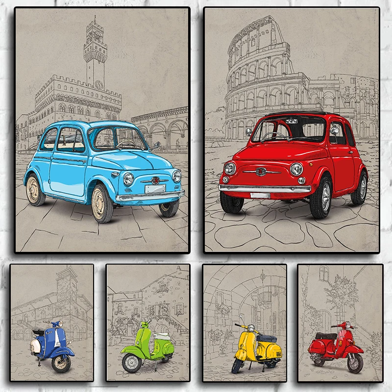 

Fiat 500 красно-синий плакат на холсте картина в итальянском стиле знаменитый здание Настенная картина для современной гостиной украшение для ...