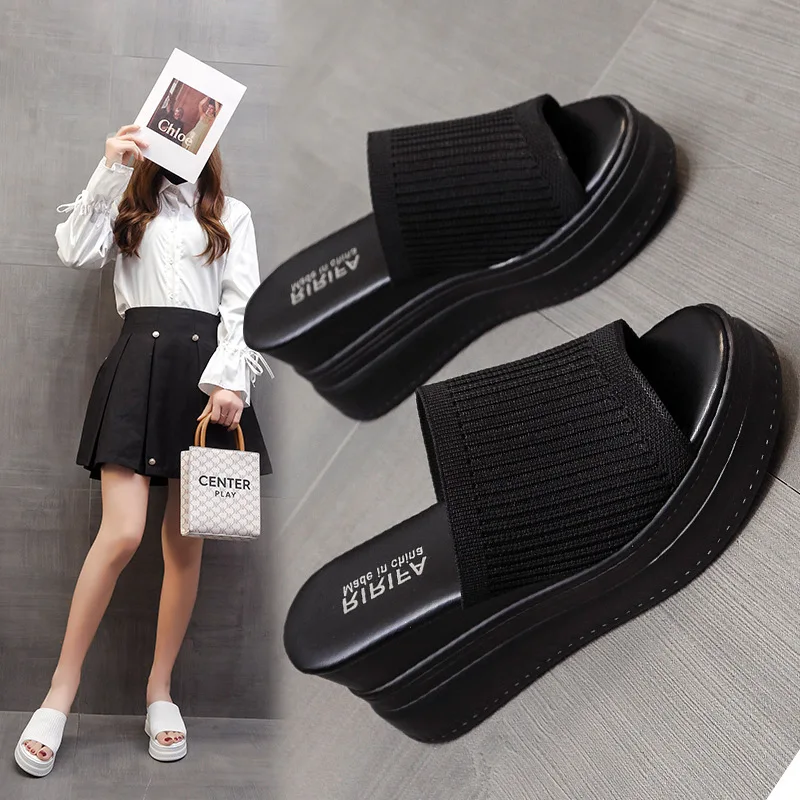 

Summer Slippers For Women Casual Shoes 2023 Fashion Solid Thick Platform Peep-toe Womans Sandals Wedges Flat High Heels Slides