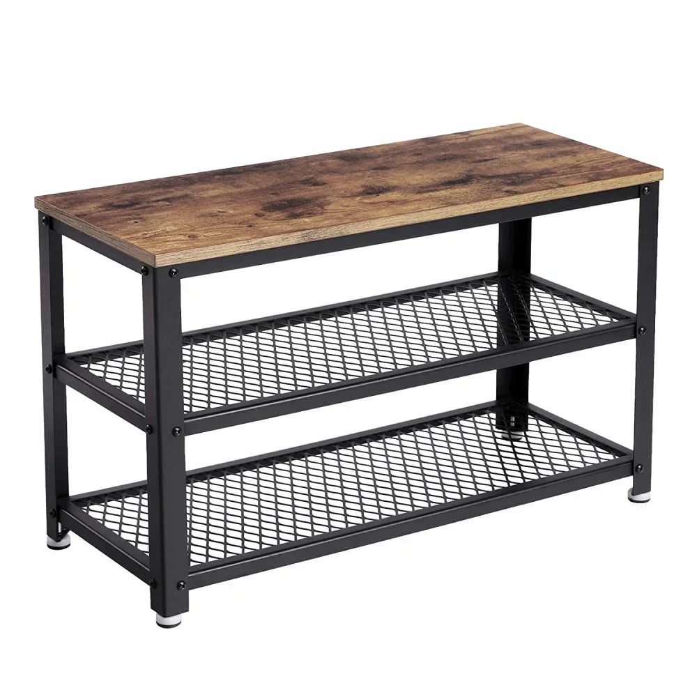

Vintage Wood and Metal Shoe Rack with 2 Mesh Shelves, Black and Brown