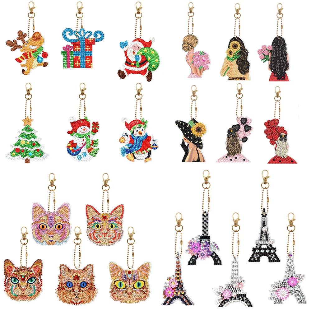 

New Christmas Keychain Kit DIY Diamond Mosaic Gift Cat Keyring Girl Tower Keychain 5D Diamond Embroidery Pendant Birthday Gift