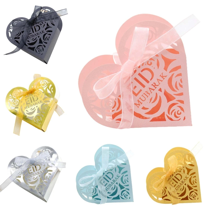 

50pcs Eid Mubarak Gift Candy Box Ramadan Decoration Rose Hollow Heart Chocolate Biscuit Cookie Boxes Wedding Party Favor
